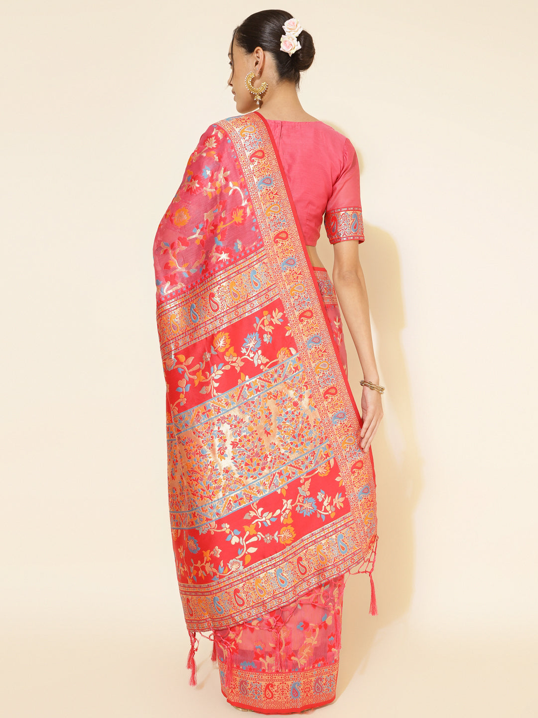 Janasya Pink Chanderi Silk Pashmina Woven Design Saree | Swadesiicart