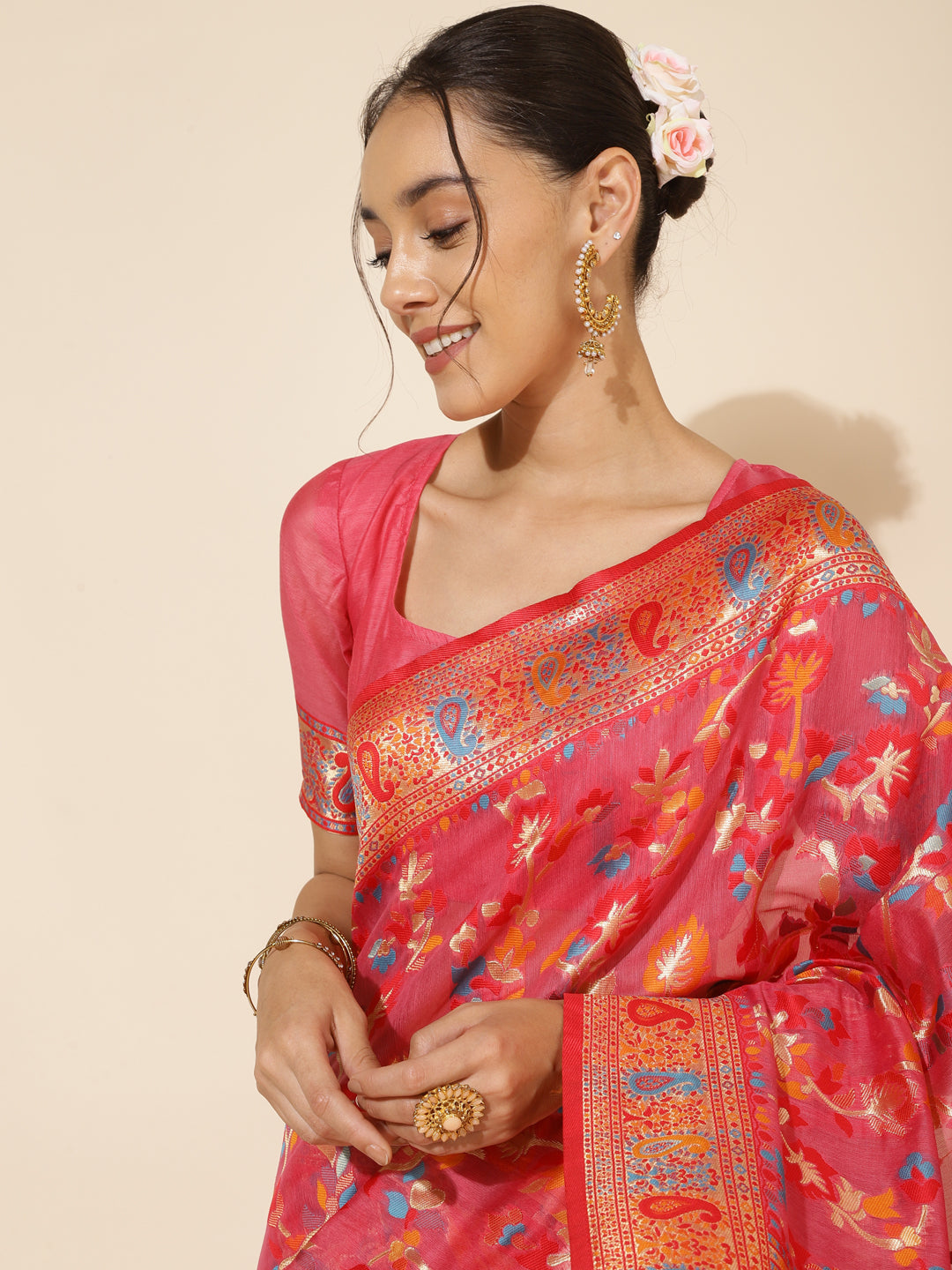 Janasya Pink Chanderi Silk Pashmina Woven Design Saree | Swadesiicart