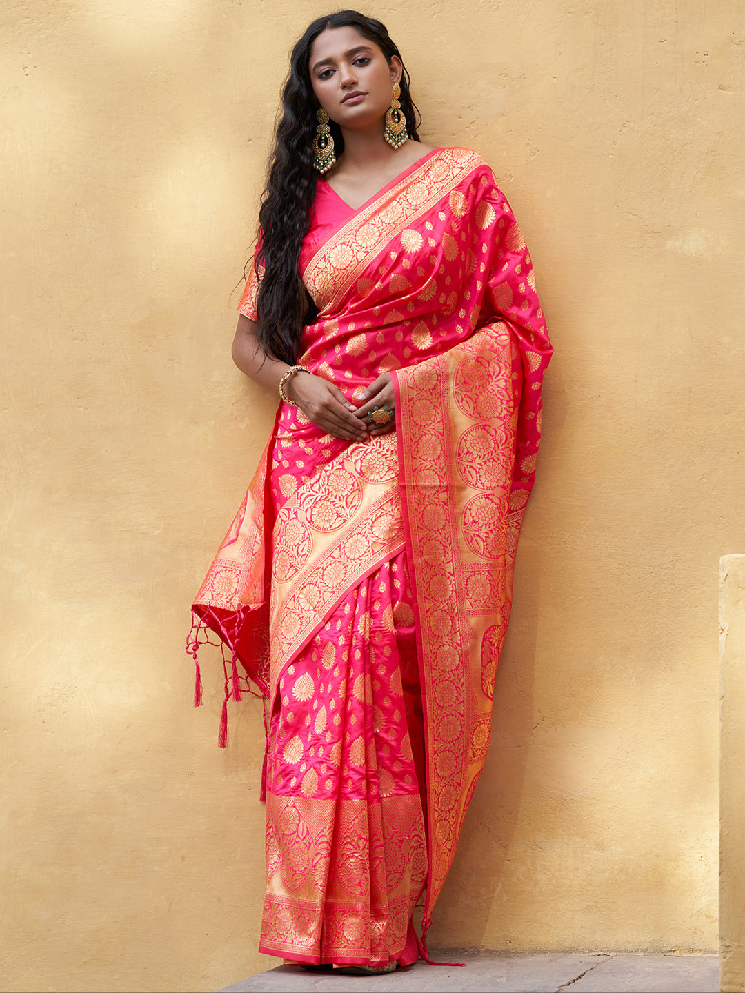 Janasya Pink Banarasi Silk Ethnic Motifs Woven Design Saree | Swadesiicart