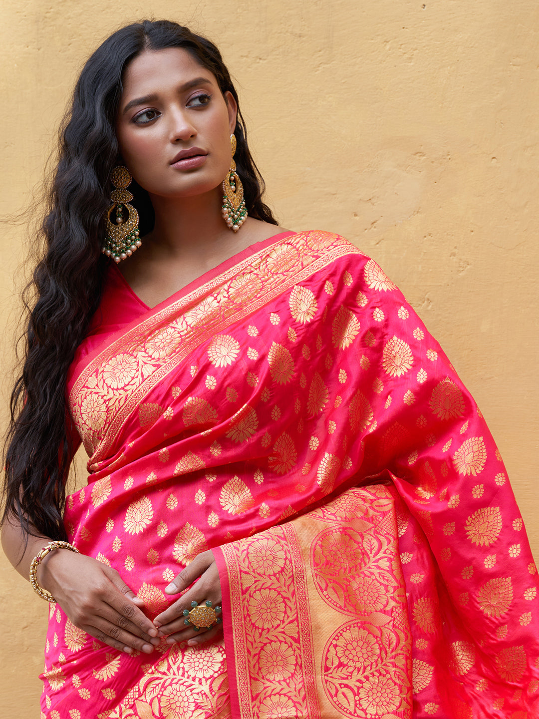 Janasya Pink Banarasi Silk Ethnic Motifs Woven Design Saree | Swadesiicart