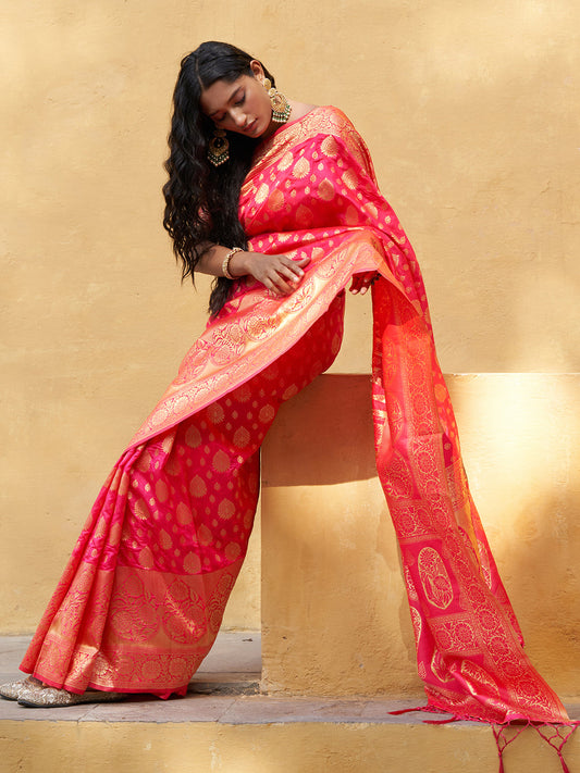Janasya Pink Banarasi Silk Ethnic Motifs Woven Design Saree | Swadesiicart