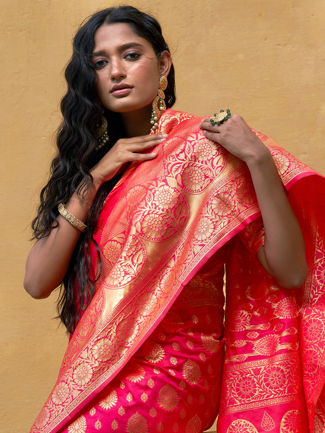 Janasya Pink Banarasi Silk Ethnic Motifs Woven Design Saree | Swadesiicart