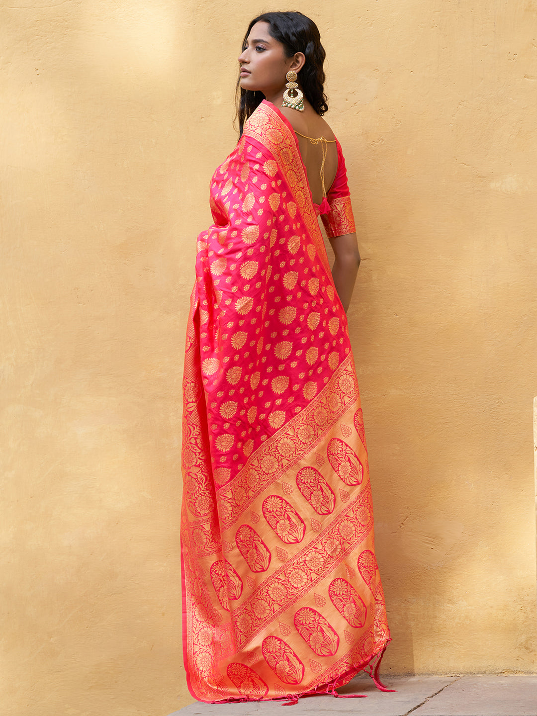 Janasya Pink Banarasi Silk Ethnic Motifs Woven Design Saree | Swadesiicart