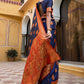 Janasya Navy Blue Silk Blend Woven Ethnic Motifs Woven Design Saree | Swadesiicart