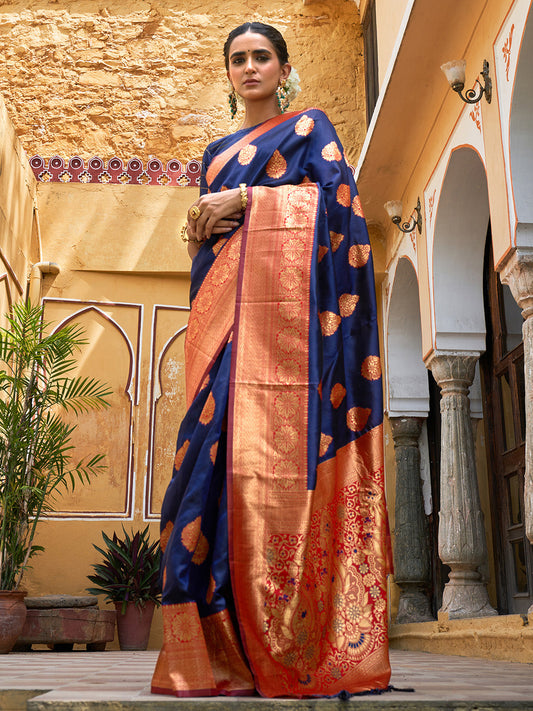Janasya Navy Blue Silk Blend Woven Ethnic Motifs Woven Design Saree | Swadesiicart
