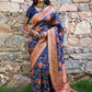 Janasya Navy Blue Silk Blend Woven Jaal Motif Woven Design Saree | Swadesiicart