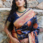 Janasya Navy Blue Silk Blend Woven Jaal Motif Woven Design Saree | Swadesiicart