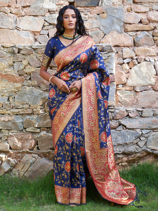 Janasya Navy Blue Silk Blend Woven Jaal Motif Woven Design Saree | Swadesiicart