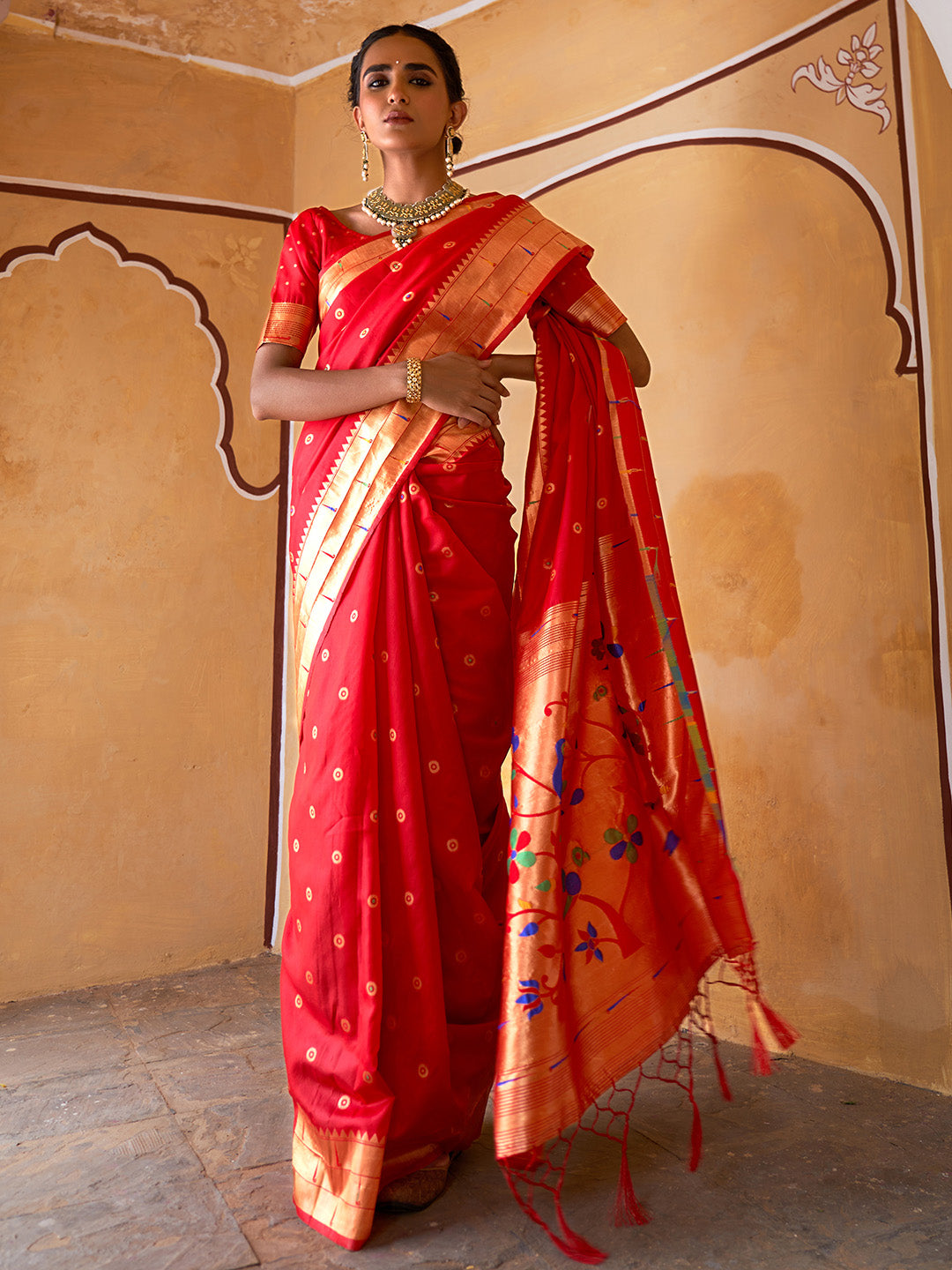 Janasya Red Paithani Silk Ethnic Motifs Paithani Silk Saree | Swadesiicart