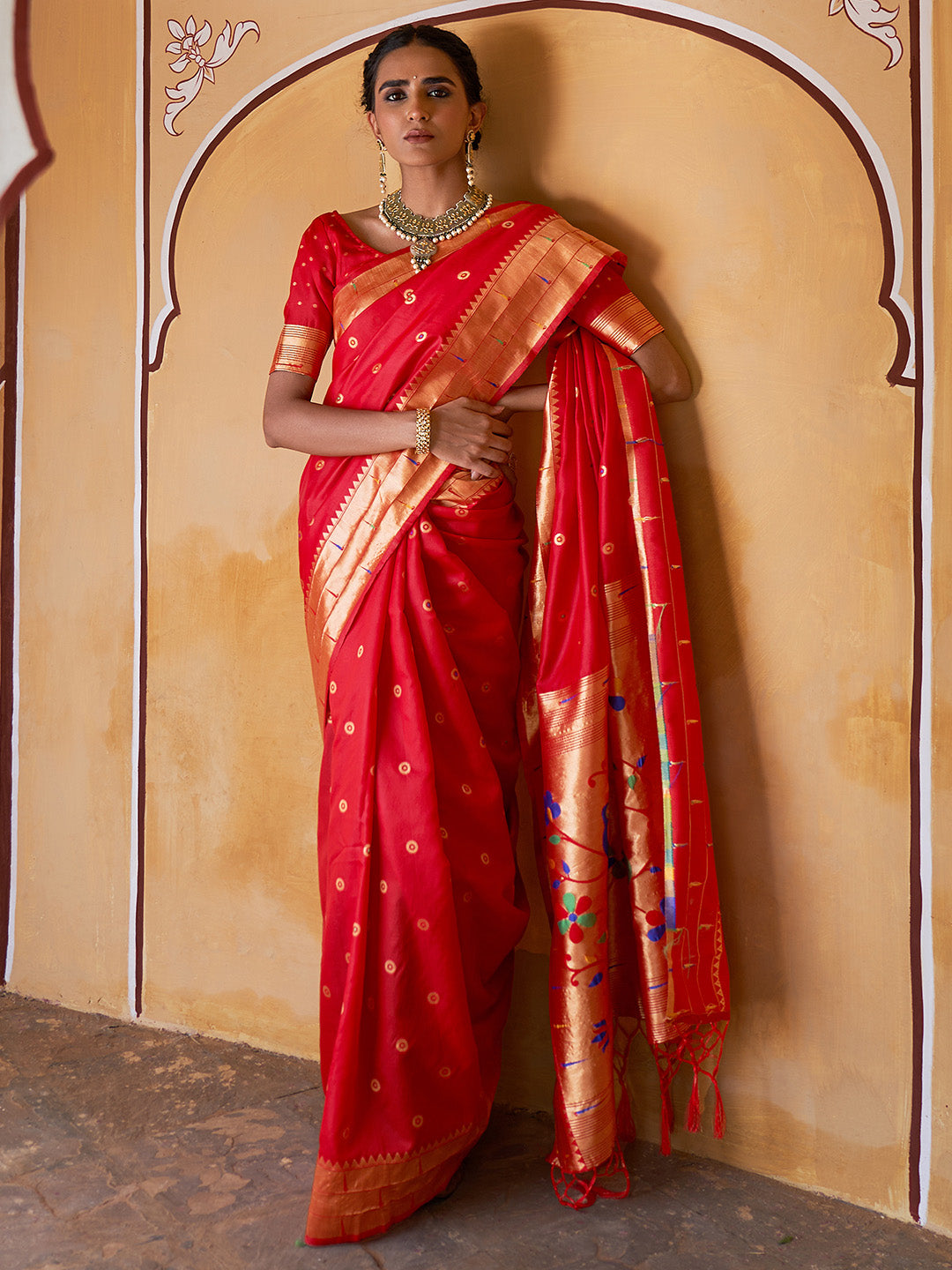 Janasya Red Paithani Silk Ethnic Motifs Paithani Silk Saree | Swadesiicart