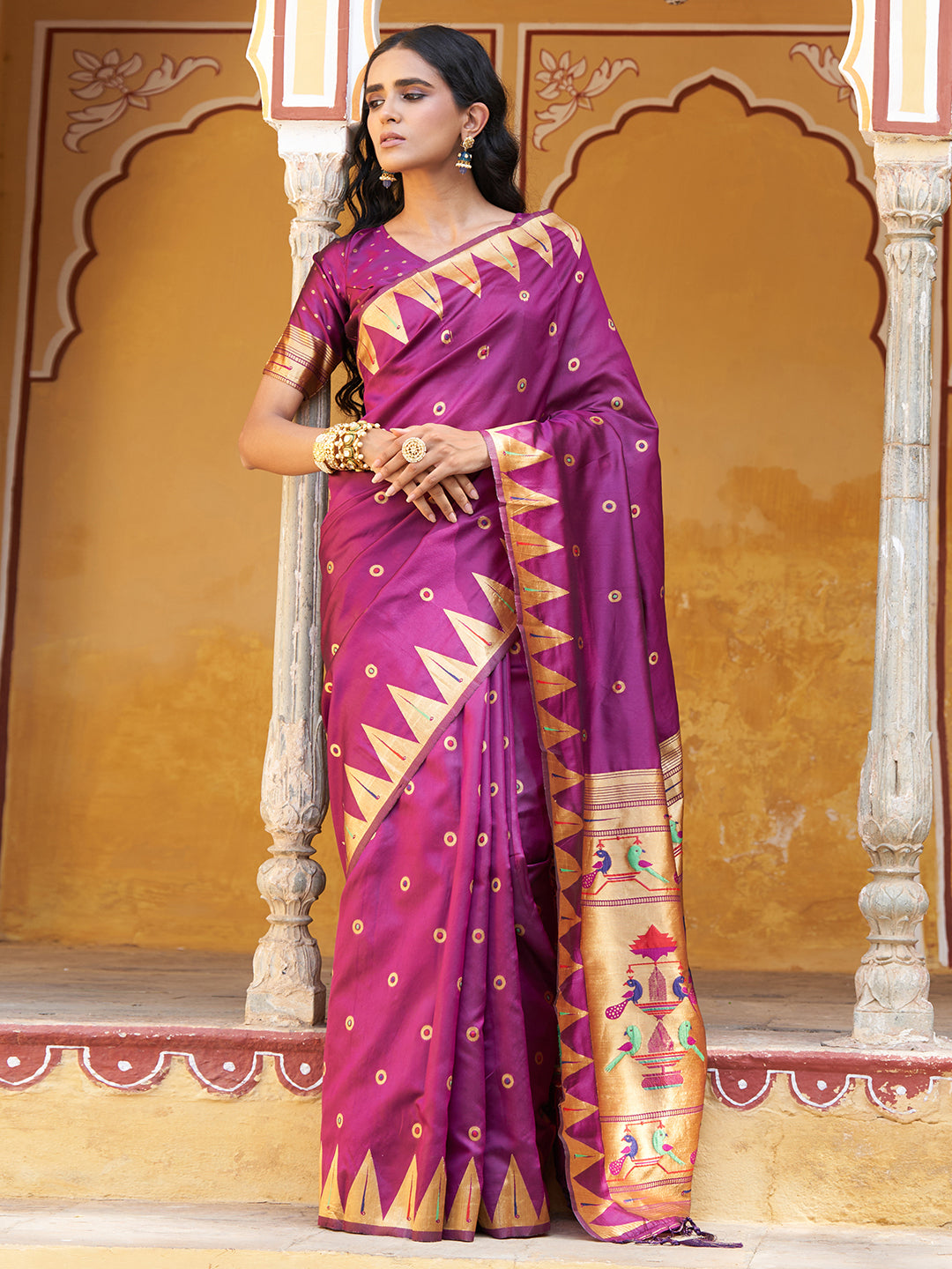 Janasya Wine Paithani Silk Ethnic Motifs Paithani Silk Saree | Swadesiicart