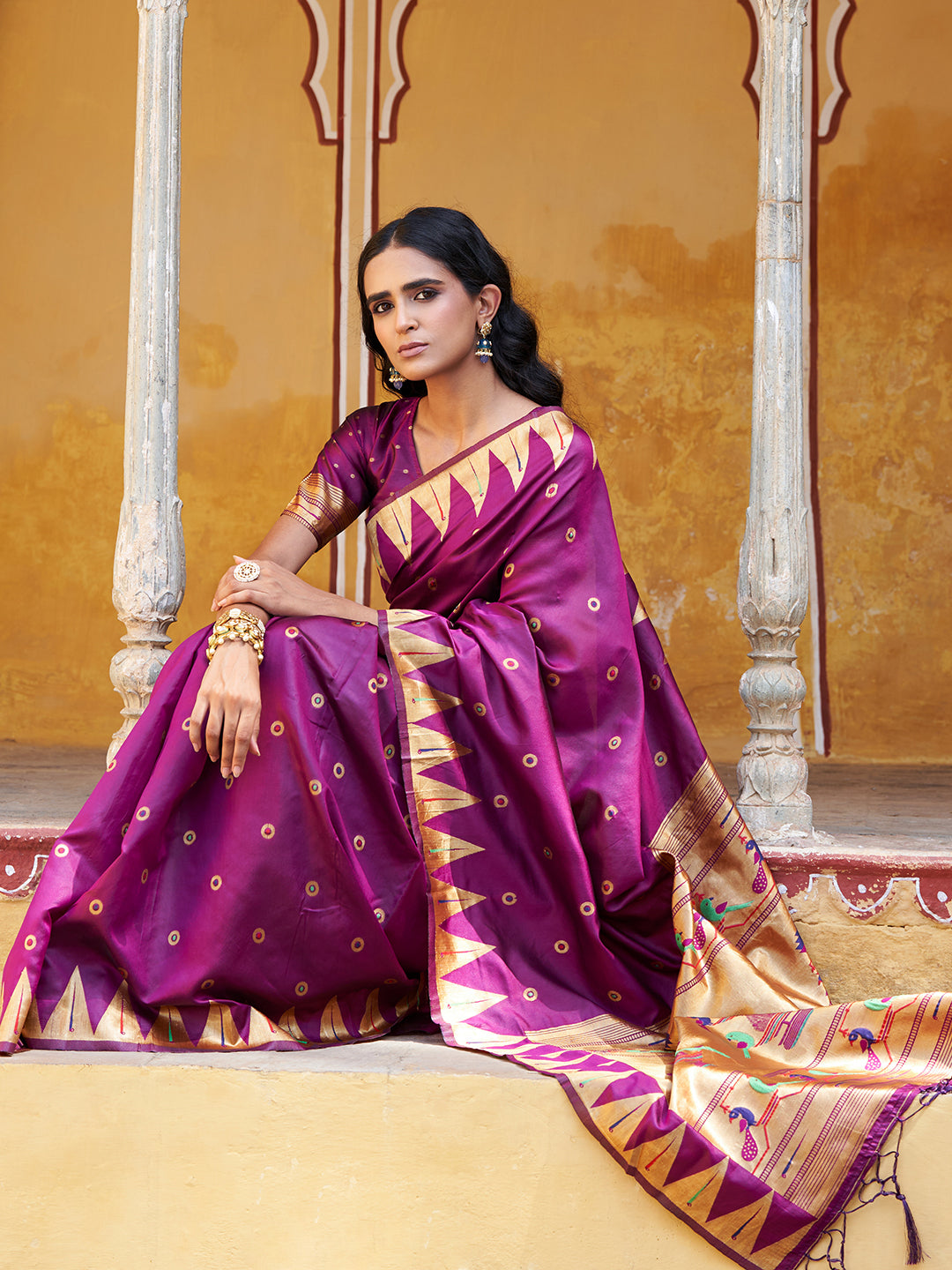 Janasya Wine Paithani Silk Ethnic Motifs Paithani Silk Saree | Swadesiicart