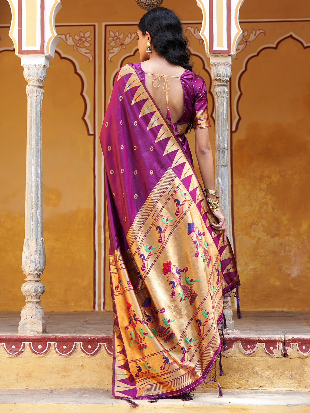 Janasya Wine Paithani Silk Ethnic Motifs Paithani Silk Saree | Swadesiicart