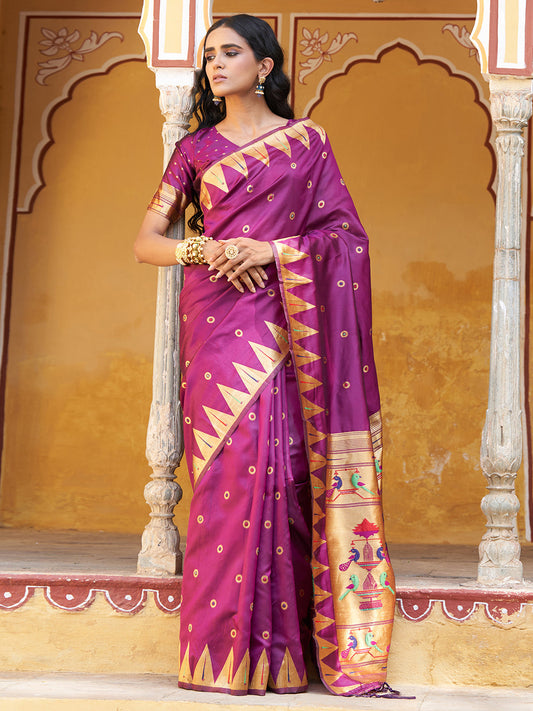 Janasya Wine Paithani Silk Ethnic Motifs Paithani Silk Saree | Swadesiicart