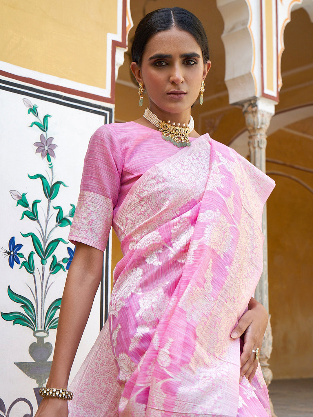 Janasya Pink Linen Cotton Woven Ethnic Motifs Woven Design Saree | Swadesiicart