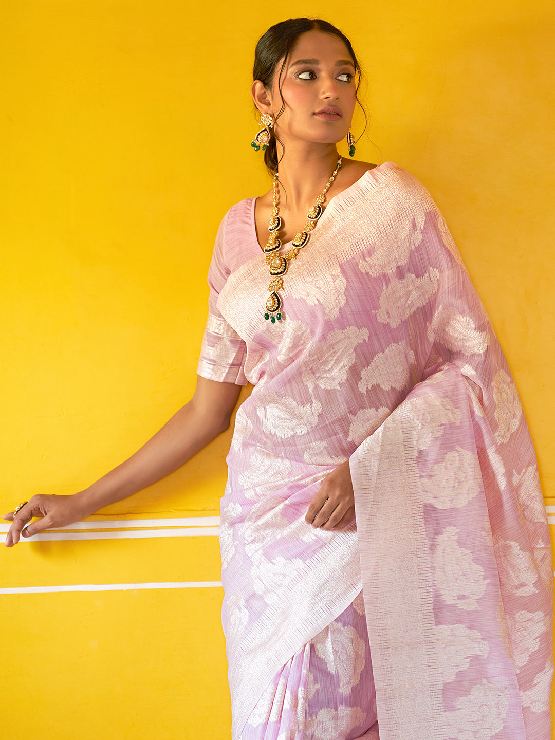 Janasya Lavender Linen Cotton Woven Paisley Woven Design Saree | Swadesiicart