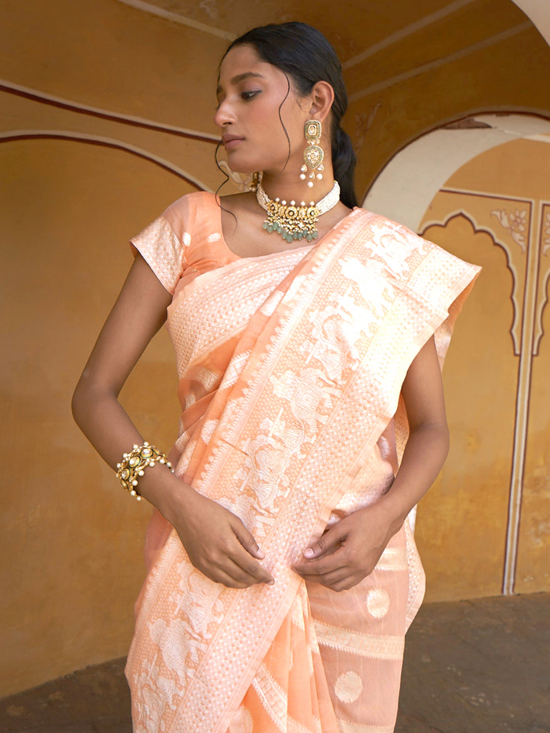 Janasya Peach Linen Cotton Leheriya Woven Design Saree | Swadesiicart