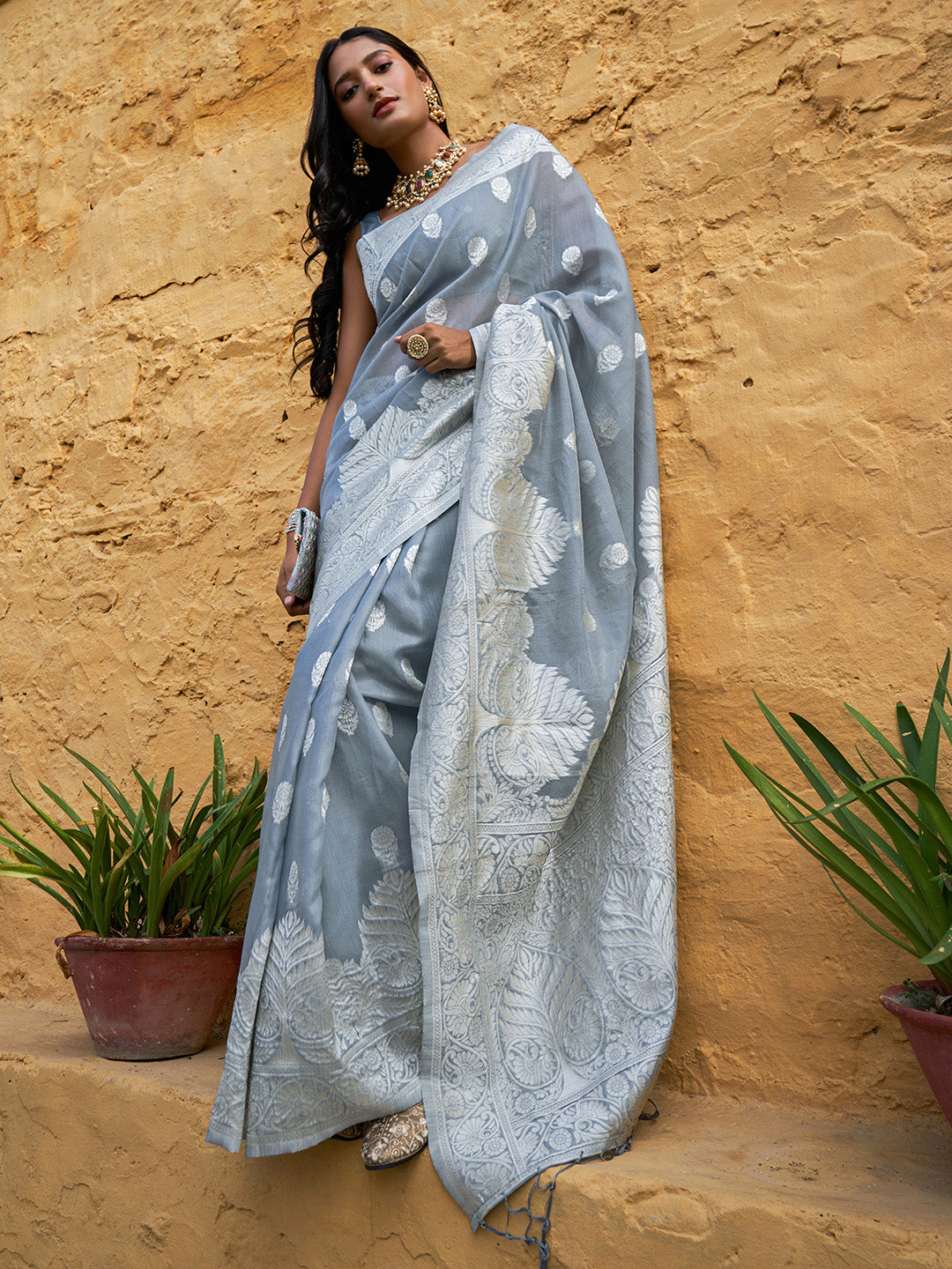 Janasya Grey Linen Cotton Woven Floral Design Woven Design Saree | Swadesiicart