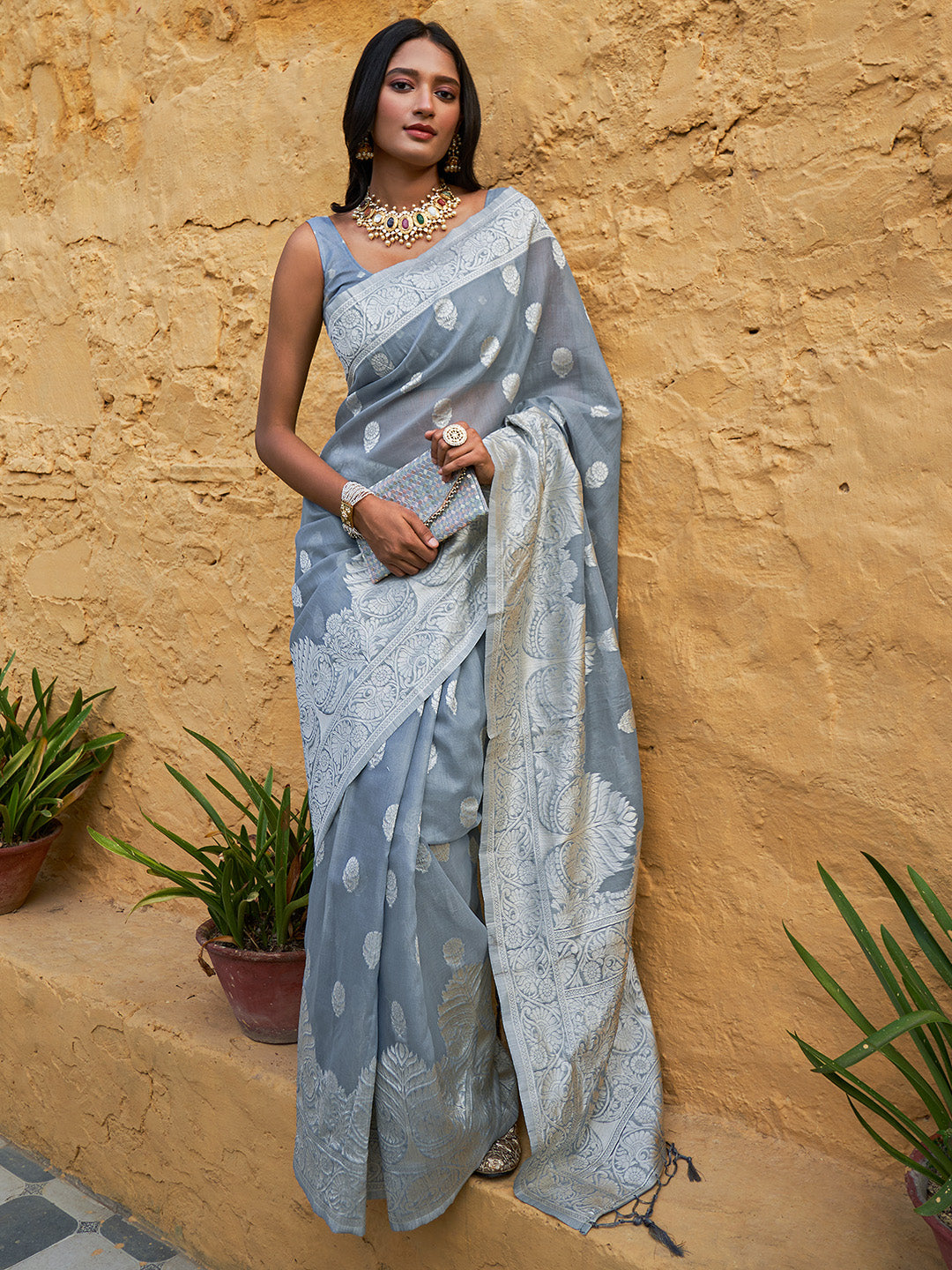 Janasya Grey Linen Cotton Woven Floral Design Woven Design Saree | Swadesiicart