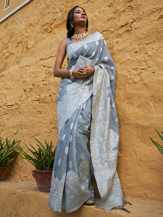 Janasya Grey Linen Cotton Woven Floral Design Woven Design Saree | Swadesiicart