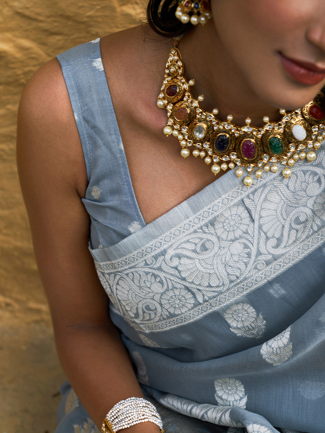 Janasya Grey Linen Cotton Woven Floral Design Woven Design Saree | Swadesiicart