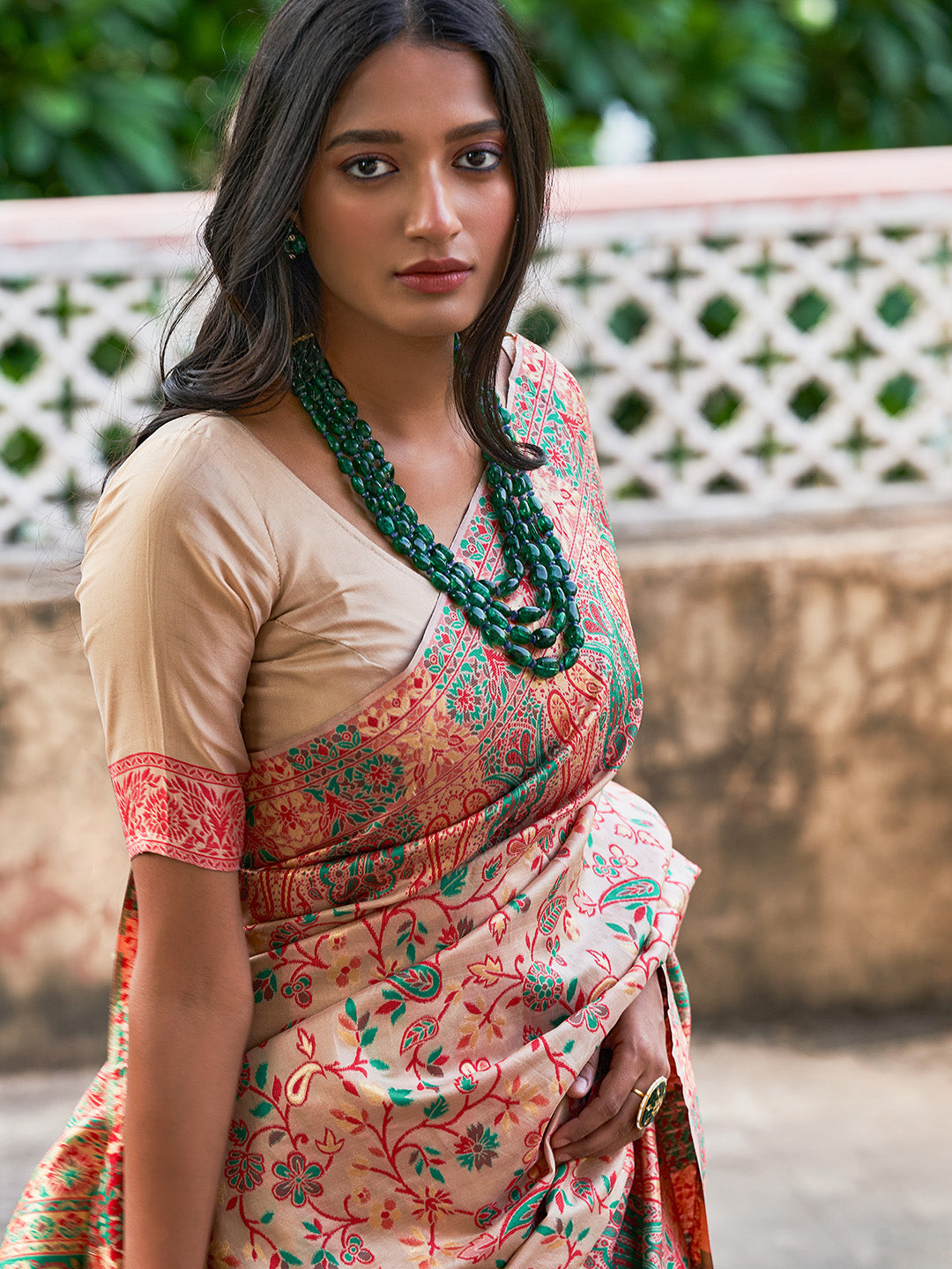 Janasya Beige Cotton Silk Pashmina Woven Design Saree | Swadesiicart