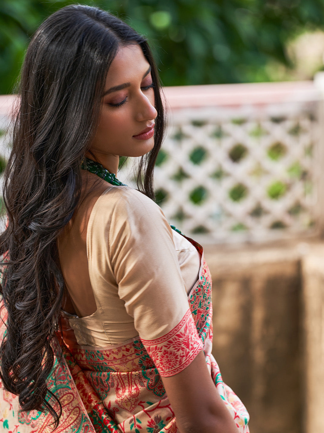 Janasya Beige Cotton Silk Pashmina Woven Design Saree | Swadesiicart