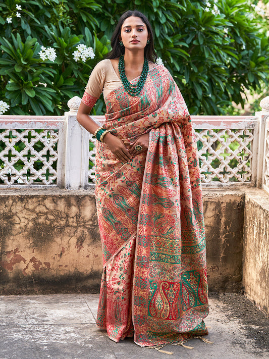 Janasya Beige Cotton Silk Pashmina Woven Design Saree | Swadesiicart