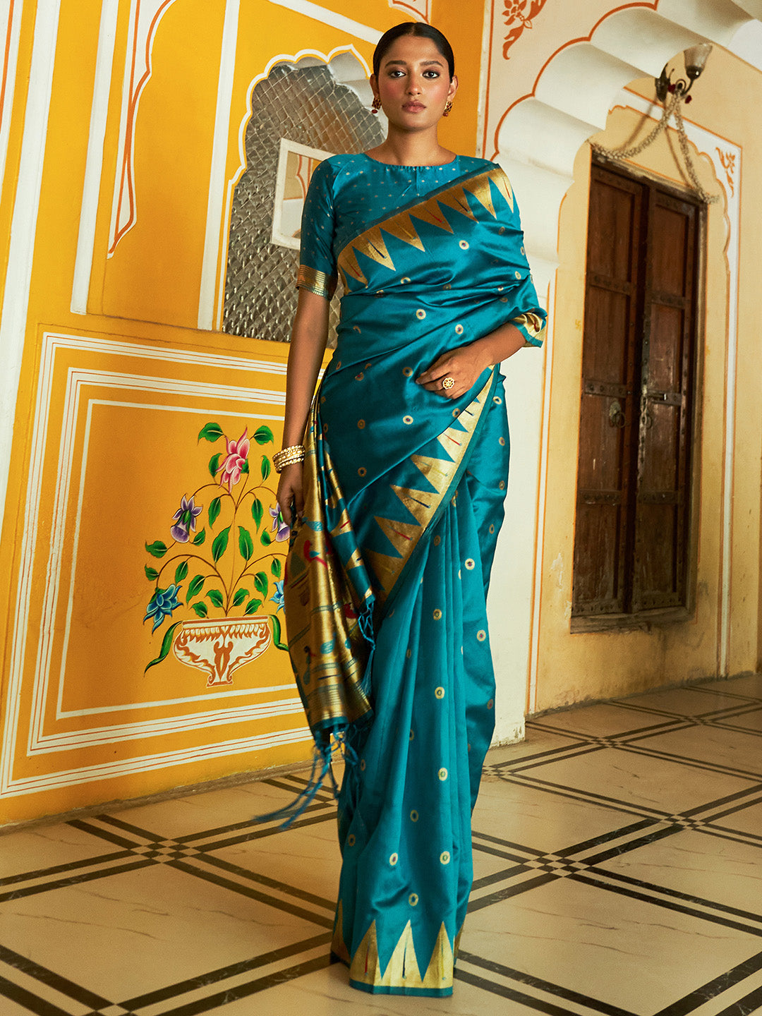 Janasya Teal Paithani Silk Ethnic Motifs Paithani Silk Saree | Swadesiicart