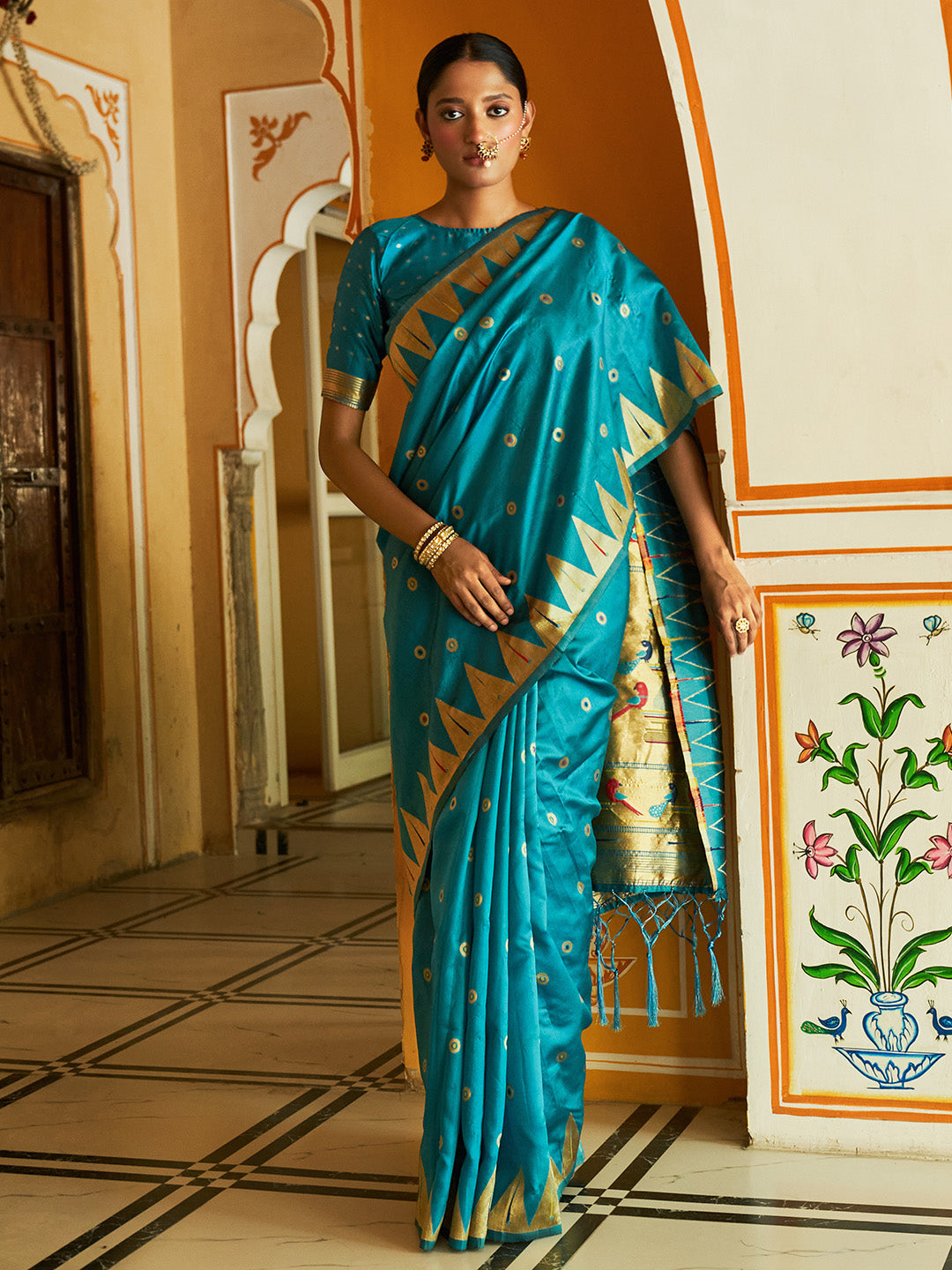 Janasya Teal Paithani Silk Ethnic Motifs Paithani Silk Saree | Swadesiicart