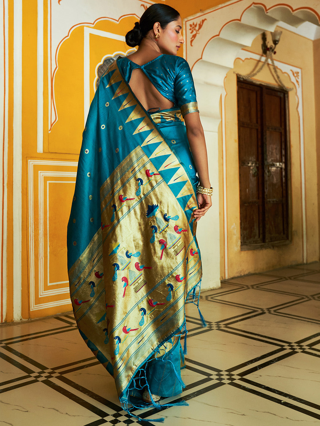 Janasya Teal Paithani Silk Ethnic Motifs Paithani Silk Saree | Swadesiicart