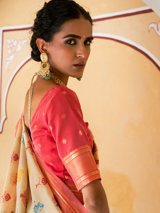 Janasya Beige Cotton Silk Woven Design Patola Saree | Swadesiicart