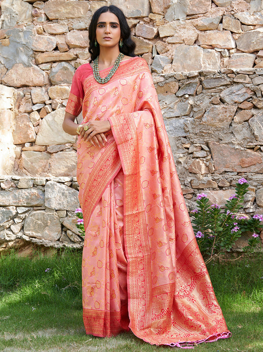 Janasya Peach Banarasi Silk Woven Dual Tone Floral Design Banarasi Silk Saree | Swadesiicart