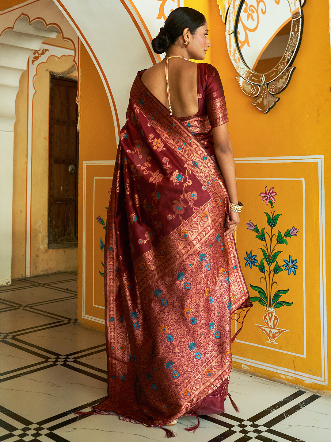 Janasya Maroon Banarasi Silk Woven Dual Tone Floral Design Banarasi Silk Saree | Swadesiicart