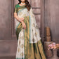 Janasya Beige & Green Cotton Linen Ethnic Print Kanjivaram Saree | Swadesiicart
