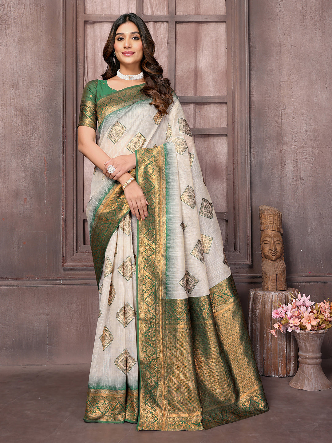 Janasya Beige & Green Cotton Linen Ethnic Print Kanjivaram Saree | Swadesiicart