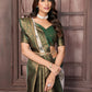 Janasya Beige & Green Cotton Linen Ethnic Print Kanjivaram Saree | Swadesiicart