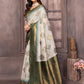Janasya Beige & Green Cotton Linen Ethnic Print Kanjivaram Saree | Swadesiicart