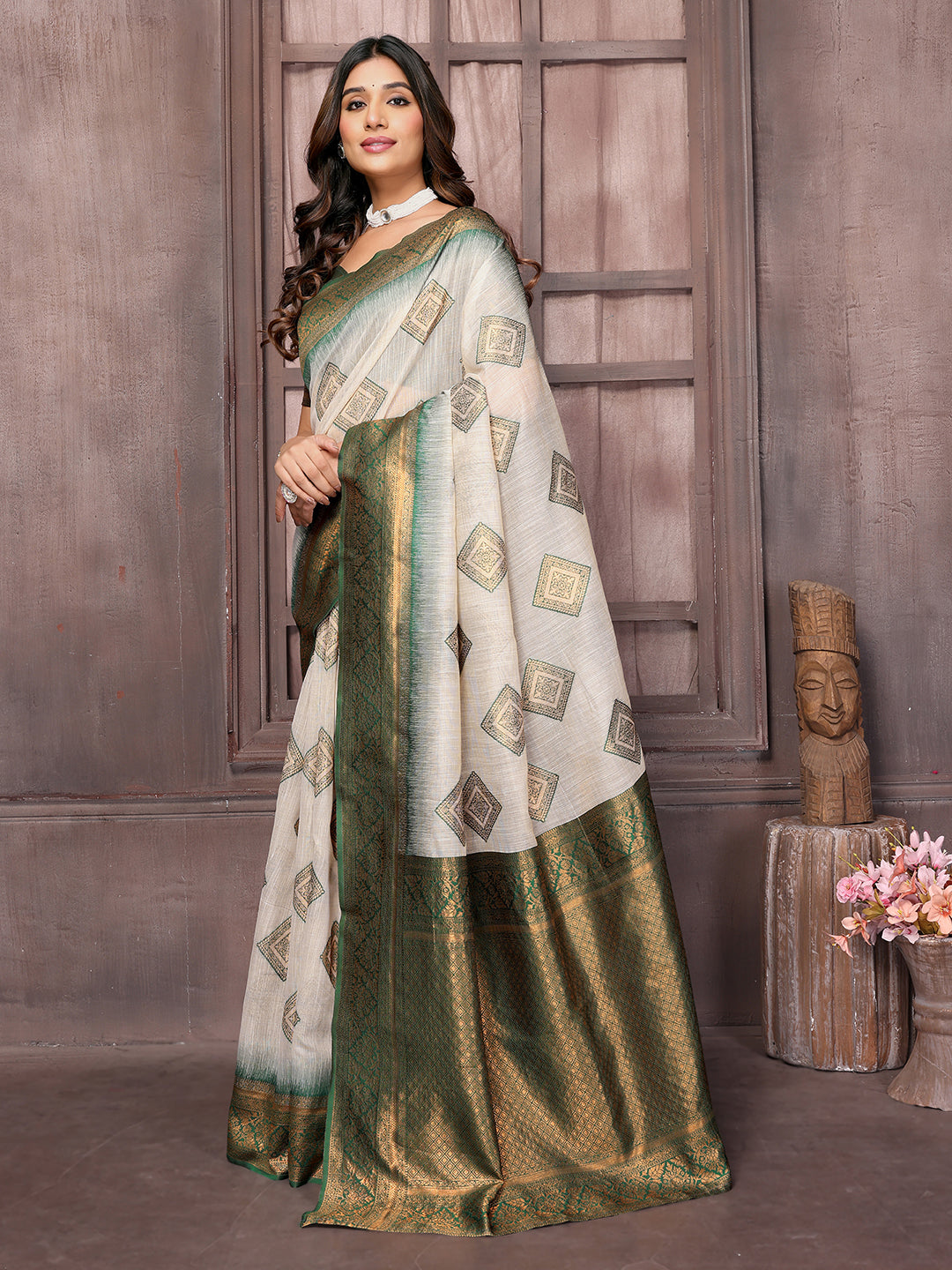 Janasya Beige & Green Cotton Linen Ethnic Print Kanjivaram Saree | Swadesiicart