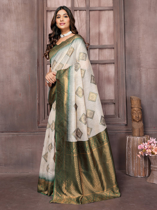 Janasya Beige & Green Cotton Linen Ethnic Print Kanjivaram Saree | Swadesiicart