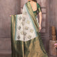 Janasya Beige & Green Cotton Linen Ethnic Print Kanjivaram Saree | Swadesiicart
