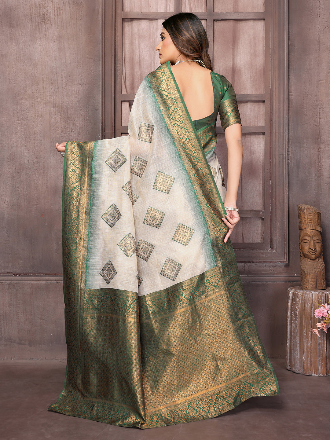 Janasya Beige & Green Cotton Linen Ethnic Print Kanjivaram Saree | Swadesiicart