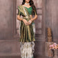 Janasya Beige & Green Cotton Linen Ethnic Print Kanjivaram Saree | Swadesiicart