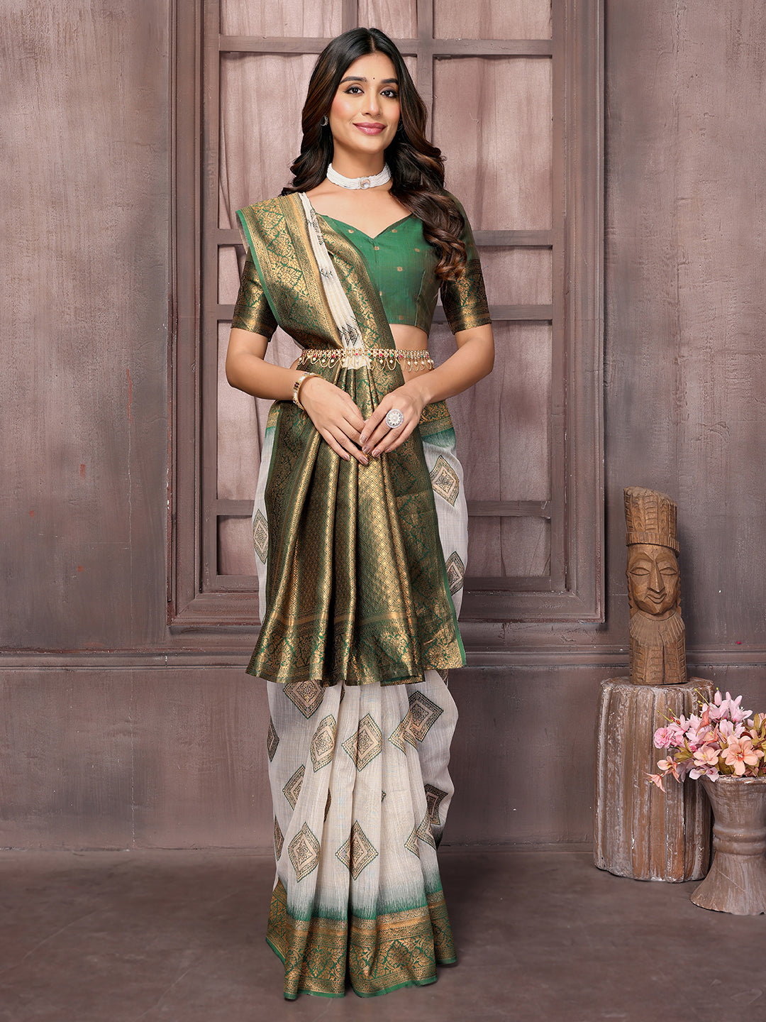 Janasya Beige & Green Cotton Linen Ethnic Print Kanjivaram Saree | Swadesiicart