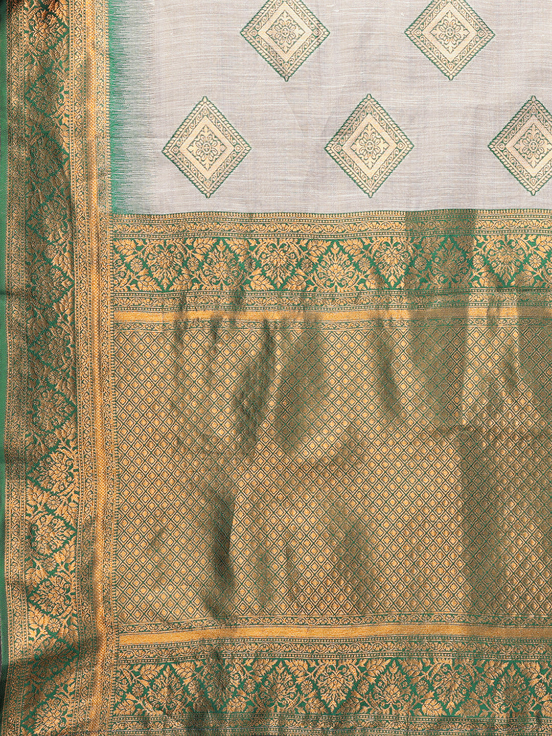 Janasya Beige & Green Cotton Linen Ethnic Print Kanjivaram Saree | Swadesiicart