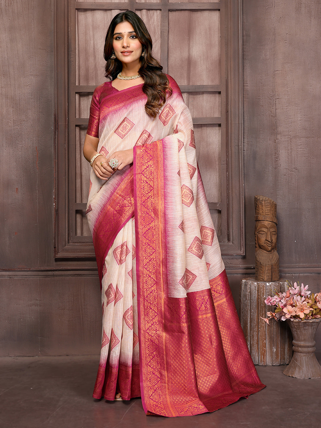 Janasya Beige & Wine Cotton Linen Ethnic Motifs Kanjivaram Saree | Swadesiicart