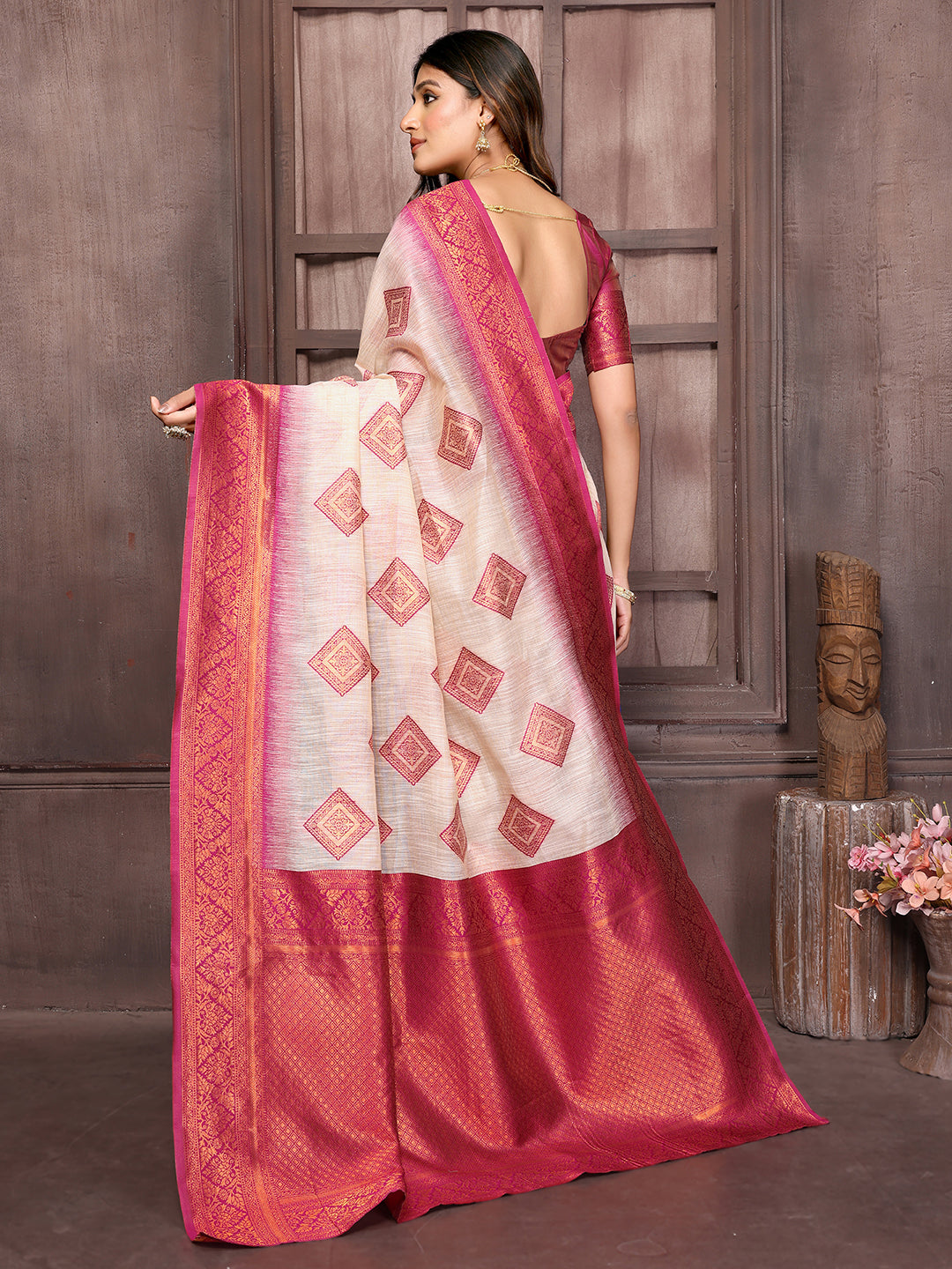 Janasya Beige & Wine Cotton Linen Ethnic Motifs Kanjivaram Saree | Swadesiicart