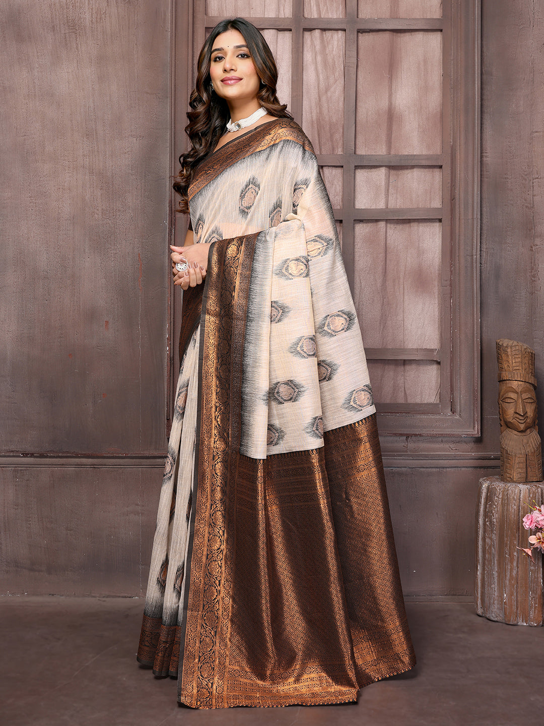 Janasya Beige & Brown Cotton Linen Ethnic Motifs Kanjivaram Saree | Swadesiicart
