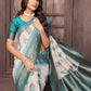 Janasya Beige & Teal Blue Cotton Linen Ethnic Motifs Kanjivaram Saree | Swadesiicart
