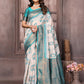 Janasya Beige & Teal Blue Cotton Linen Ethnic Motifs Kanjivaram Saree | Swadesiicart